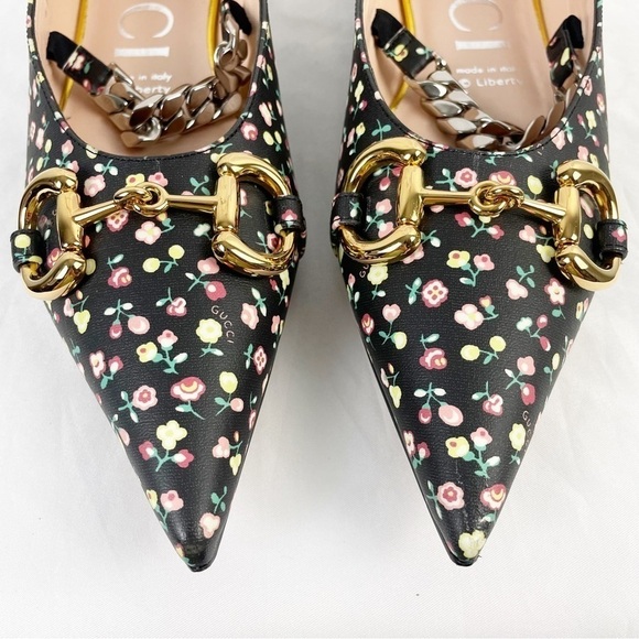 Gucci x Liberty Floral Pointed Toe Horse Bit Chain Mary Jane Flats Black Size 40 - Picture 4 of 11